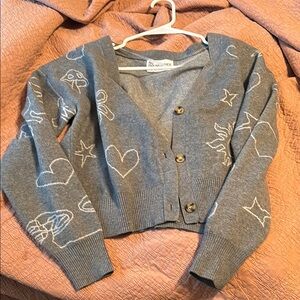 No Boundaries Gray Knit Cardigan with Heart Patterns